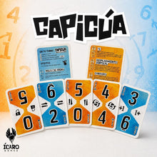 Juego de cartas Capicúa con cartas numéricas y reglas sobre fondo degradado