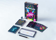 Contenido completo del juego de cartas Alebrijes con mazos y miniatura