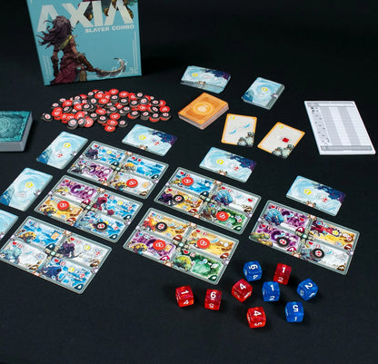 Juego completo Axia Slayer Combo desplegado con cartas y dados