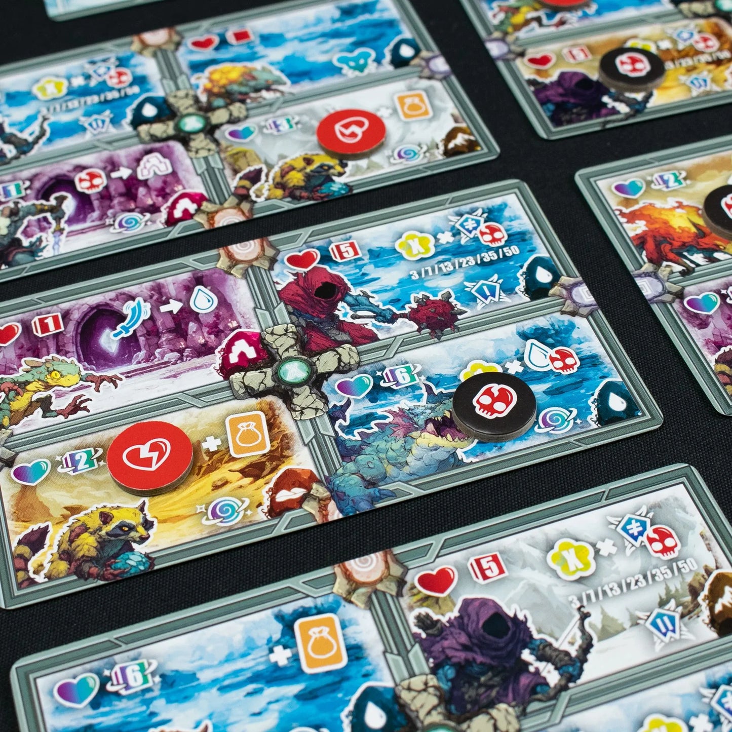 Cartas de enemigos y marcadores de estado del juego Axia Slayer Combo