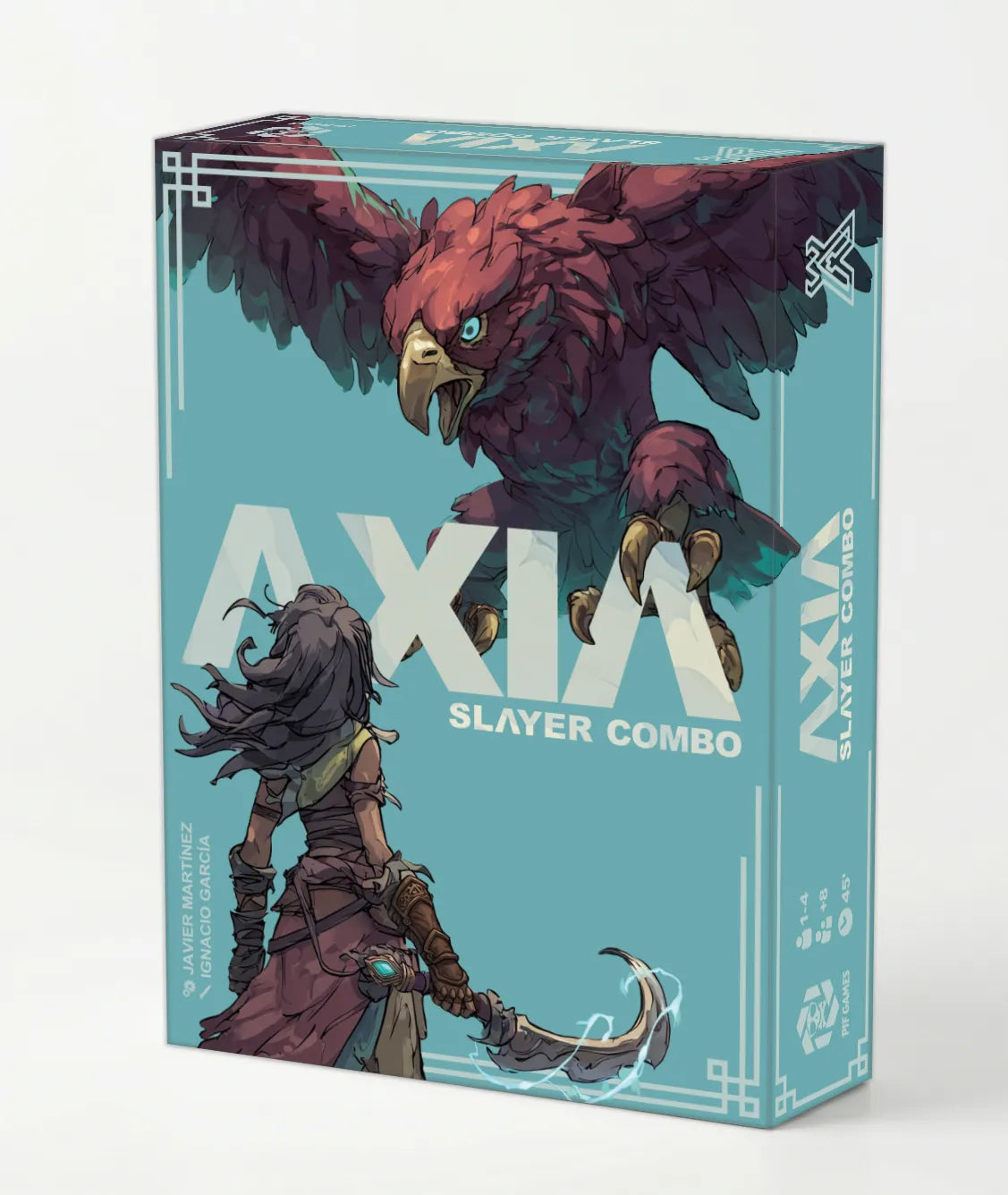 Caja del juego de mesa táctico Axia Slayer Combo con arte de ave rapaz