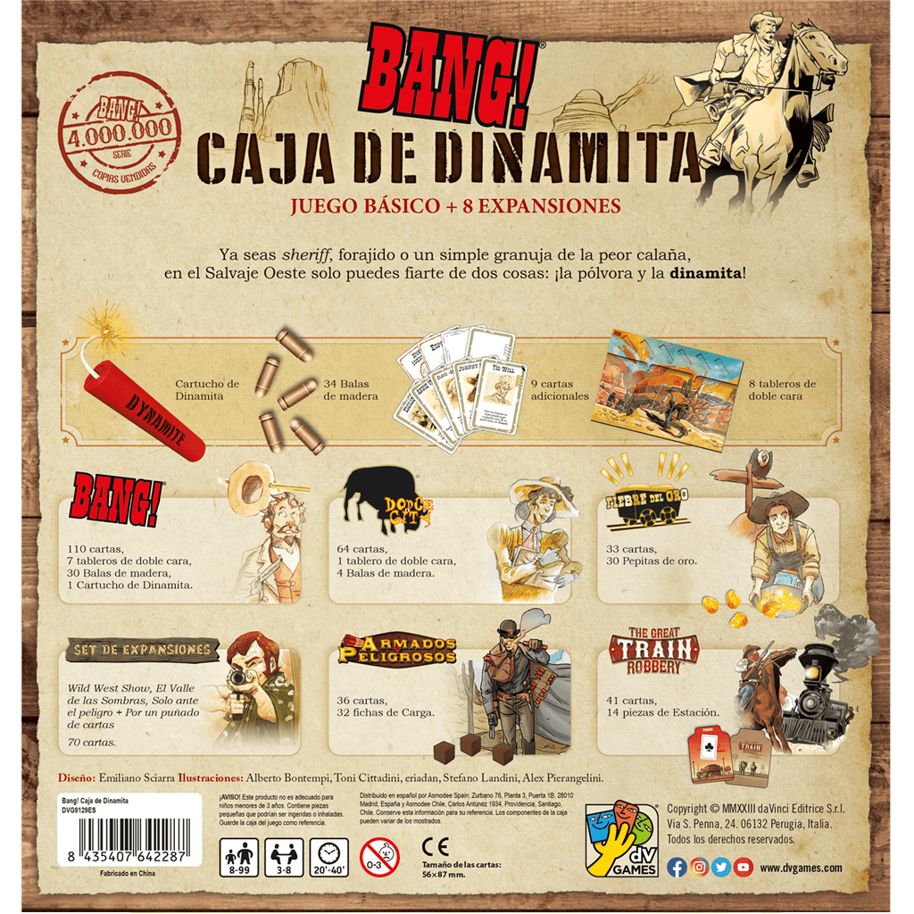 Bang! Caja Dinamita trasera con componentes, 8 expansiones y reglas del juego Salvaje Oeste