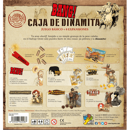 Bang! Caja Dinamita trasera con componentes, 8 expansiones y reglas del juego Salvaje Oeste