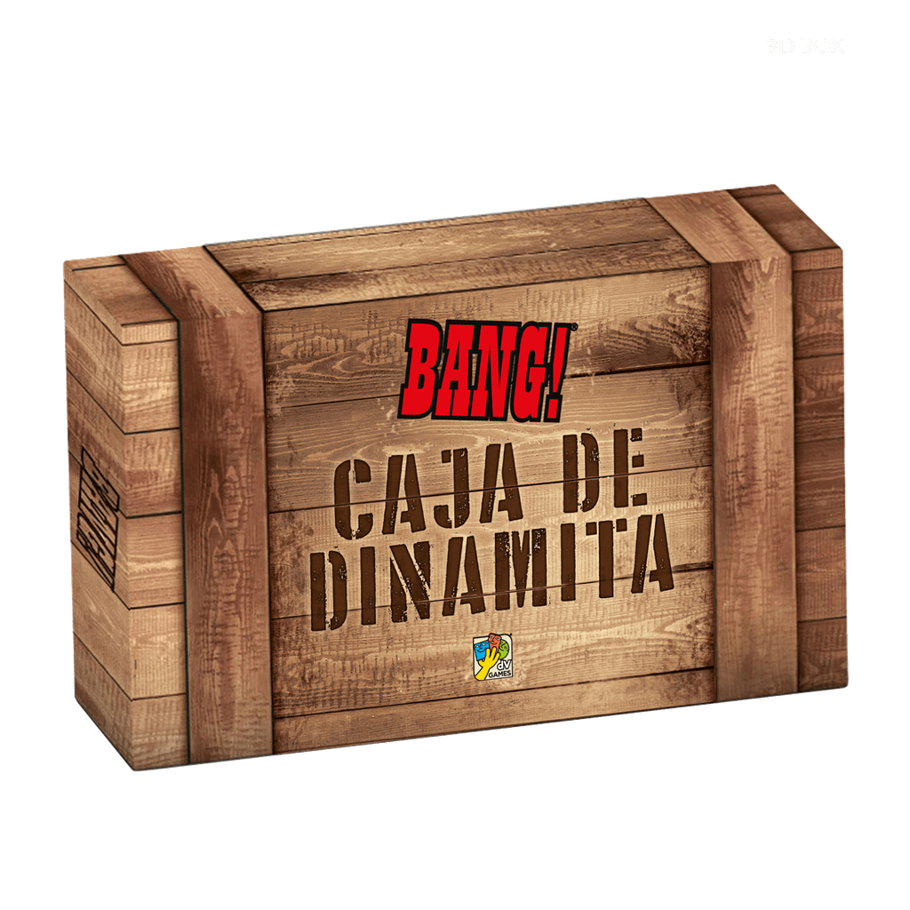 Bang! Caja Dinamita frente caja madera con logotipo rojo y edición completa 8 expansiones
