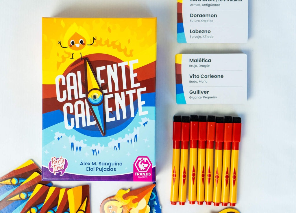 Disposición plana de cartas y marcadores del juego party Caliente Caliente