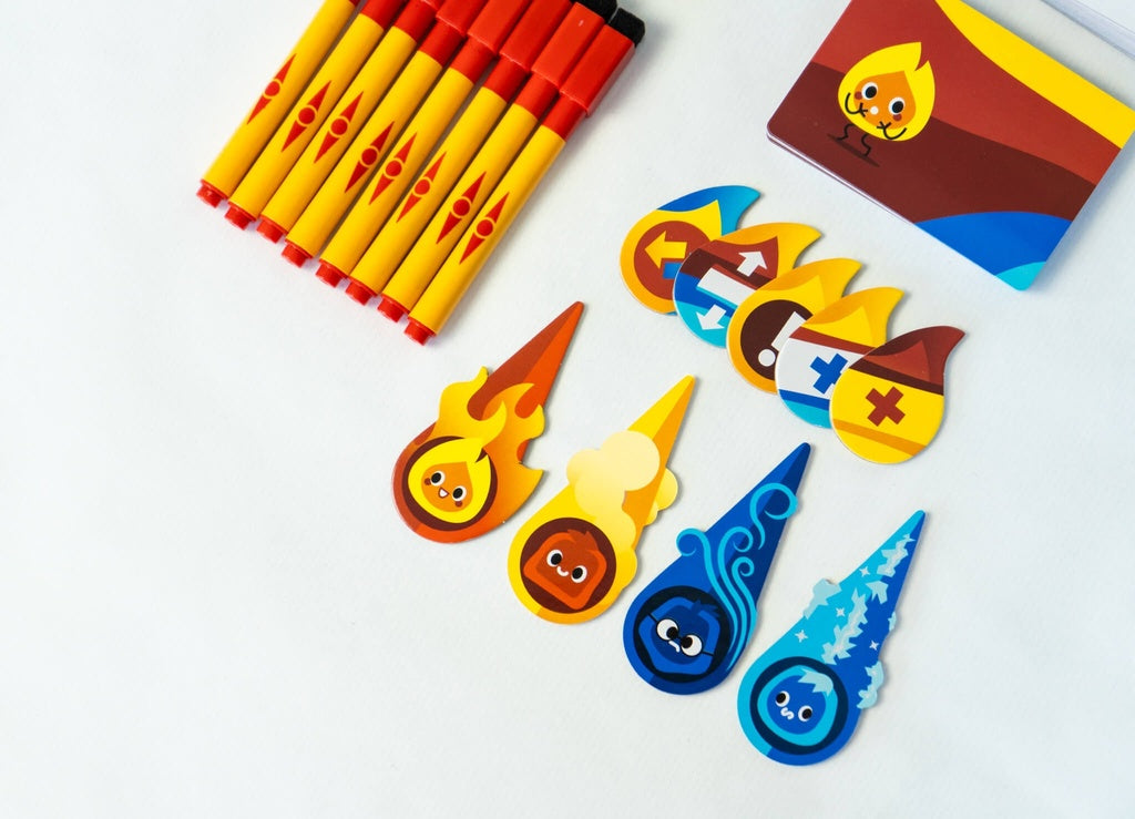 Detalle de fichas de personaje y marcadores rojos del juego Caliente Caliente