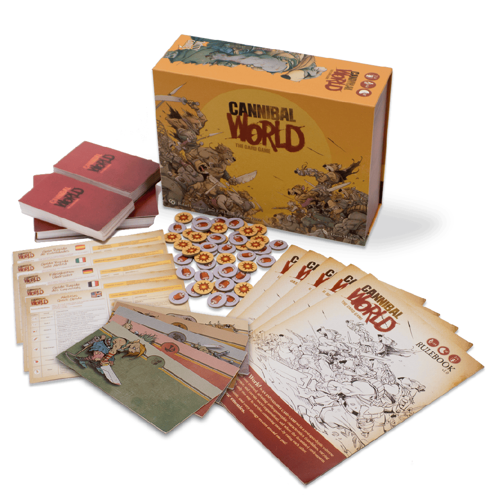 Contenido del juego de cartas Cannibal World con cartas, fichas, reglas y libro de instrucciones