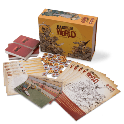 Contenido del juego de cartas Cannibal World con cartas, fichas, reglas y libro de instrucciones