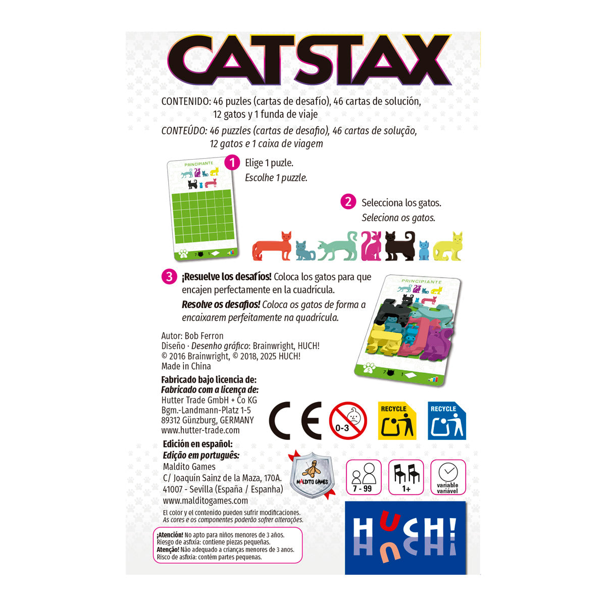 Dorso de la caja de Cat Stax mostrando contenido, instrucciones paso a paso y símbolos de edad