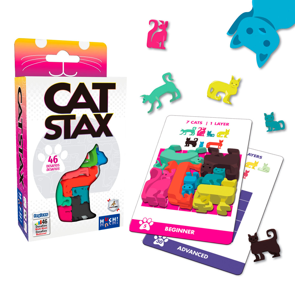 Juego de lógica Cat Stax con cartas de desafío principiante y avanzado junto a piezas de gato