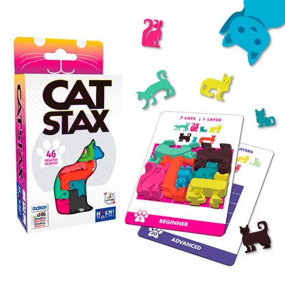 Juego de lógica Cat Stax con cartas de desafío principiante y avanzado junto a piezas de gato