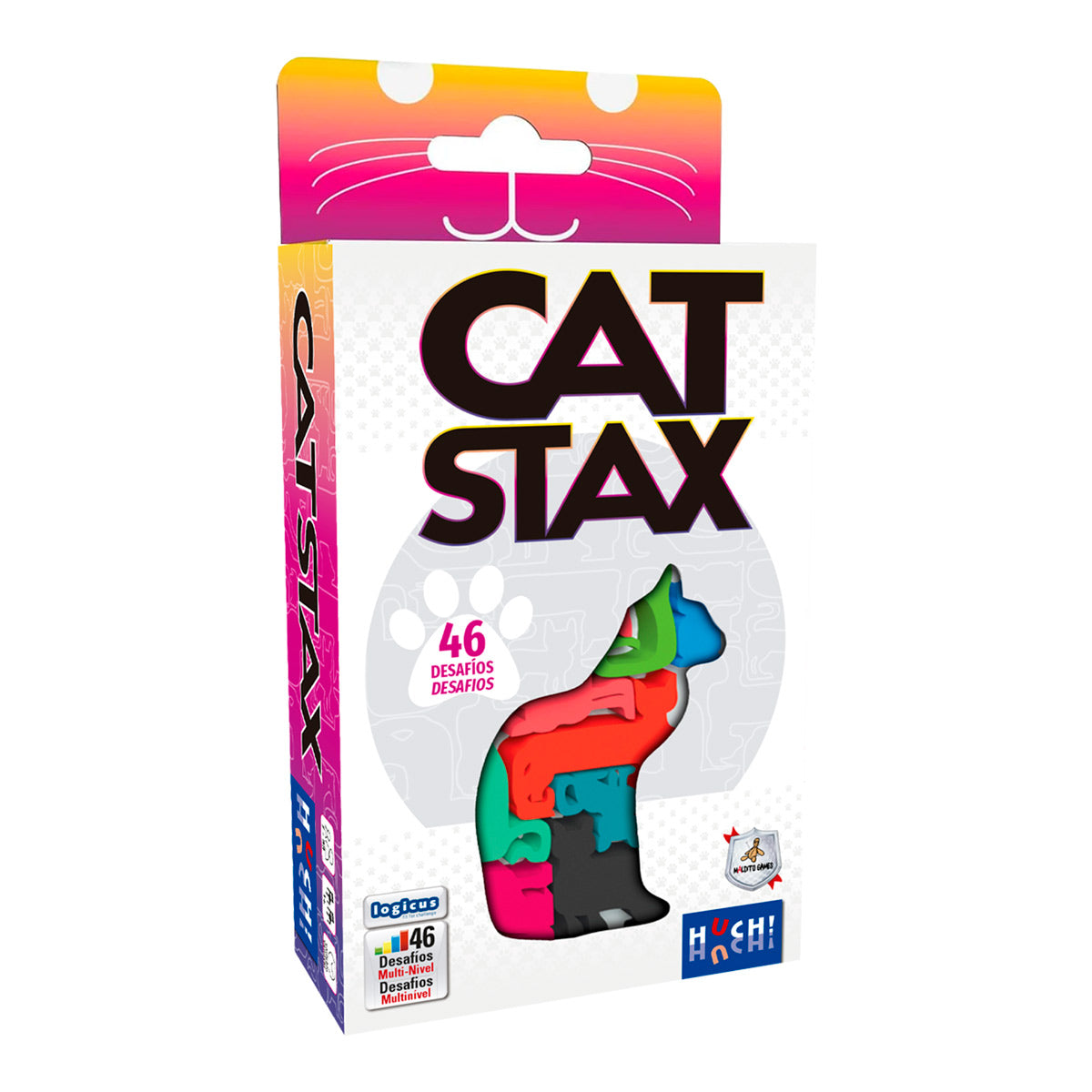 Caja del juego de lógica Cat Stax con ventana transparente y piezas de gato multicolor
