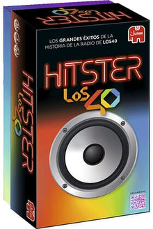 Caja del juego de cartas Hitster Los40 con diseño multicolor y altavoz