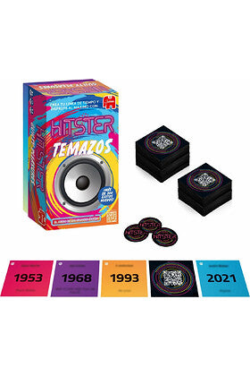 Juego de mesa HITSTER Temazos con caja altavoz, cartas y tarjetas de línea temporal