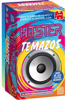 Caja vertical del juego de mesa HITSTER Temazos con diseño de altavoz multicolor