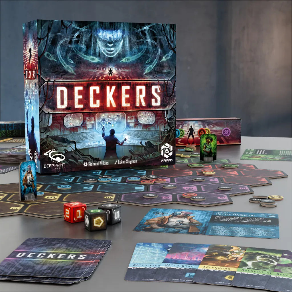 Contenido del juego Deckers: tablero, dados y cartas de acción