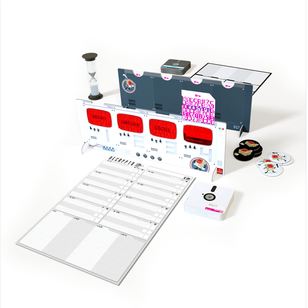Juego de mesa Decrypto Transmisión Segura con tablero, cartas y componentes tecnológicos para 3-8 jugadores