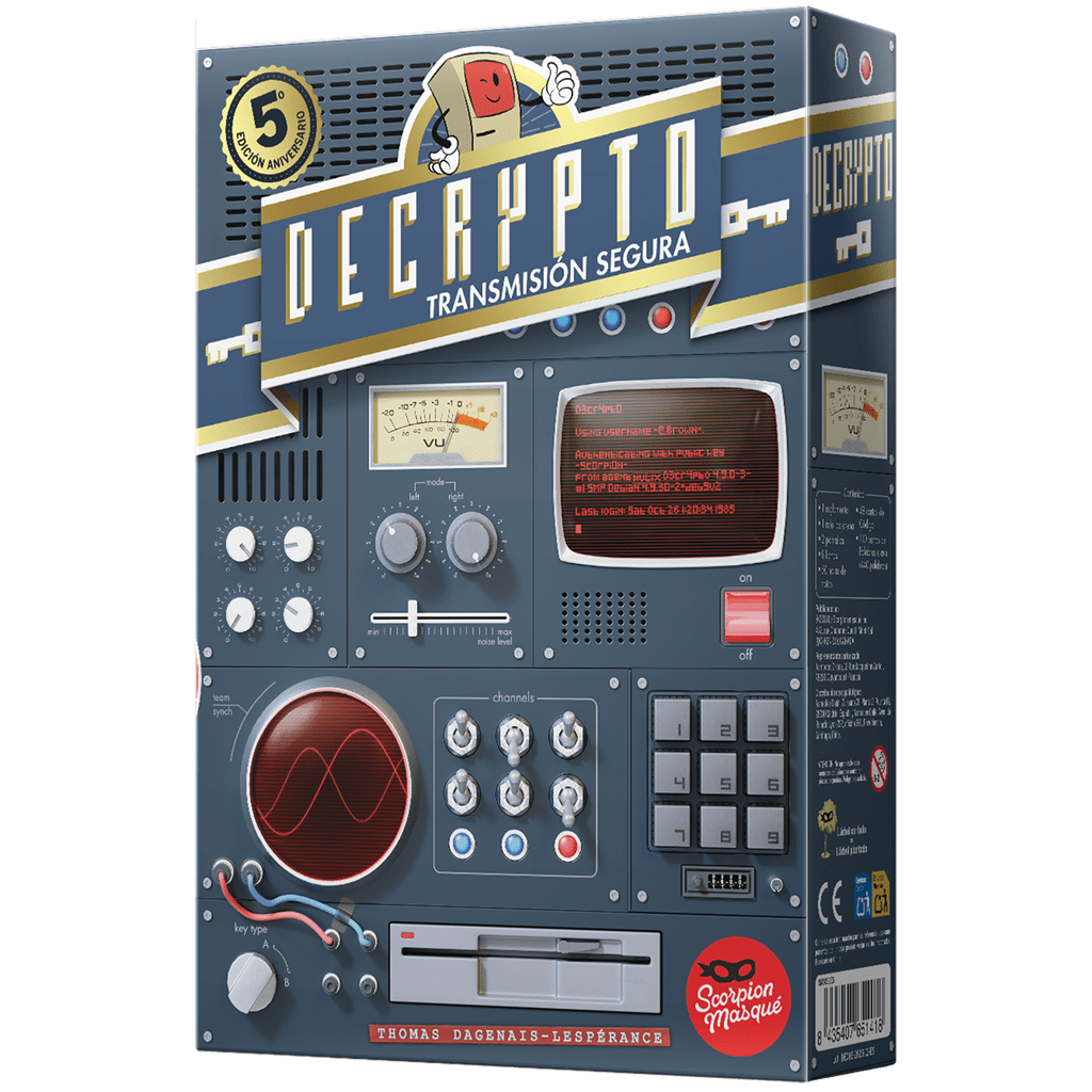 Caja edición aniversario del juego de mesa Decrypto Transmisión Segura estilo panel de control electrónico