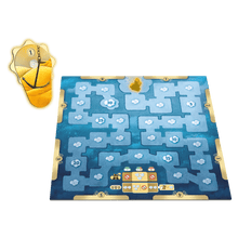 Tablero de juego Dixit con laberinto azul, nubes y fichas para juego de mesa familiar