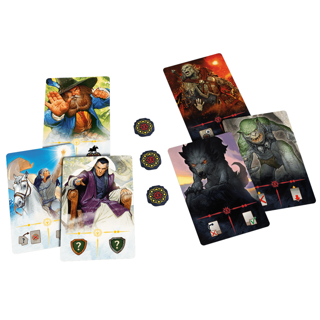 Cartas de aliados y fichas de poder del juego de mesa El Señor de los Anillos: El Duelo por la Tierra Media