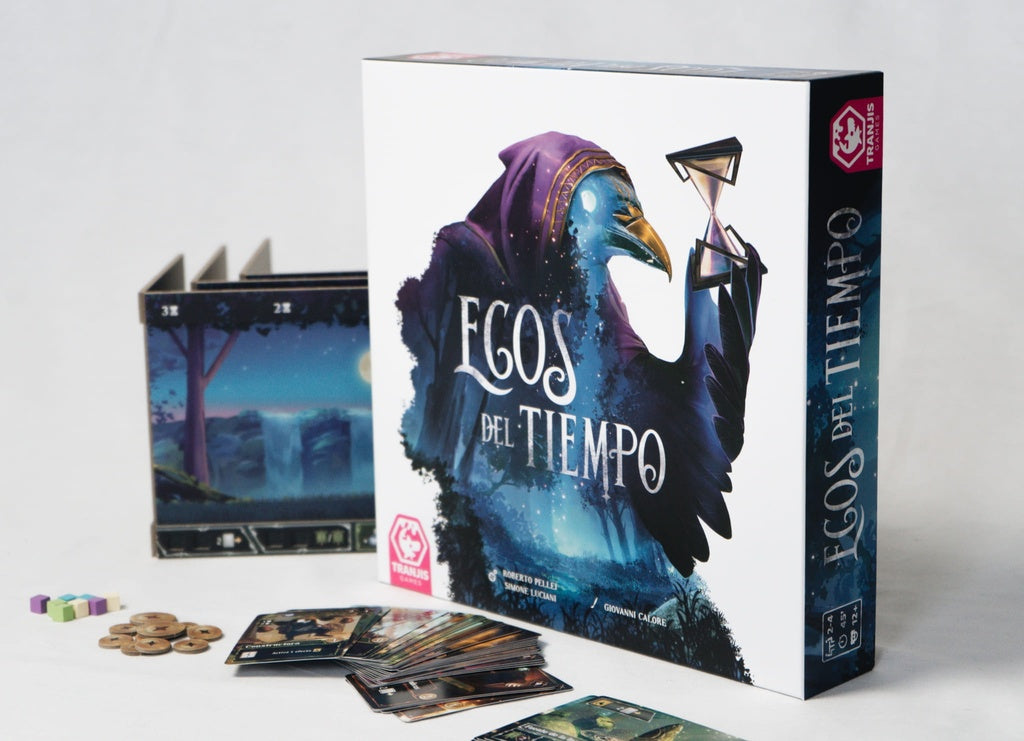 Juego de mesa completo Ecos del Tiempo mostrando caja, tablero, cartas y fichas sobre fondo blanco