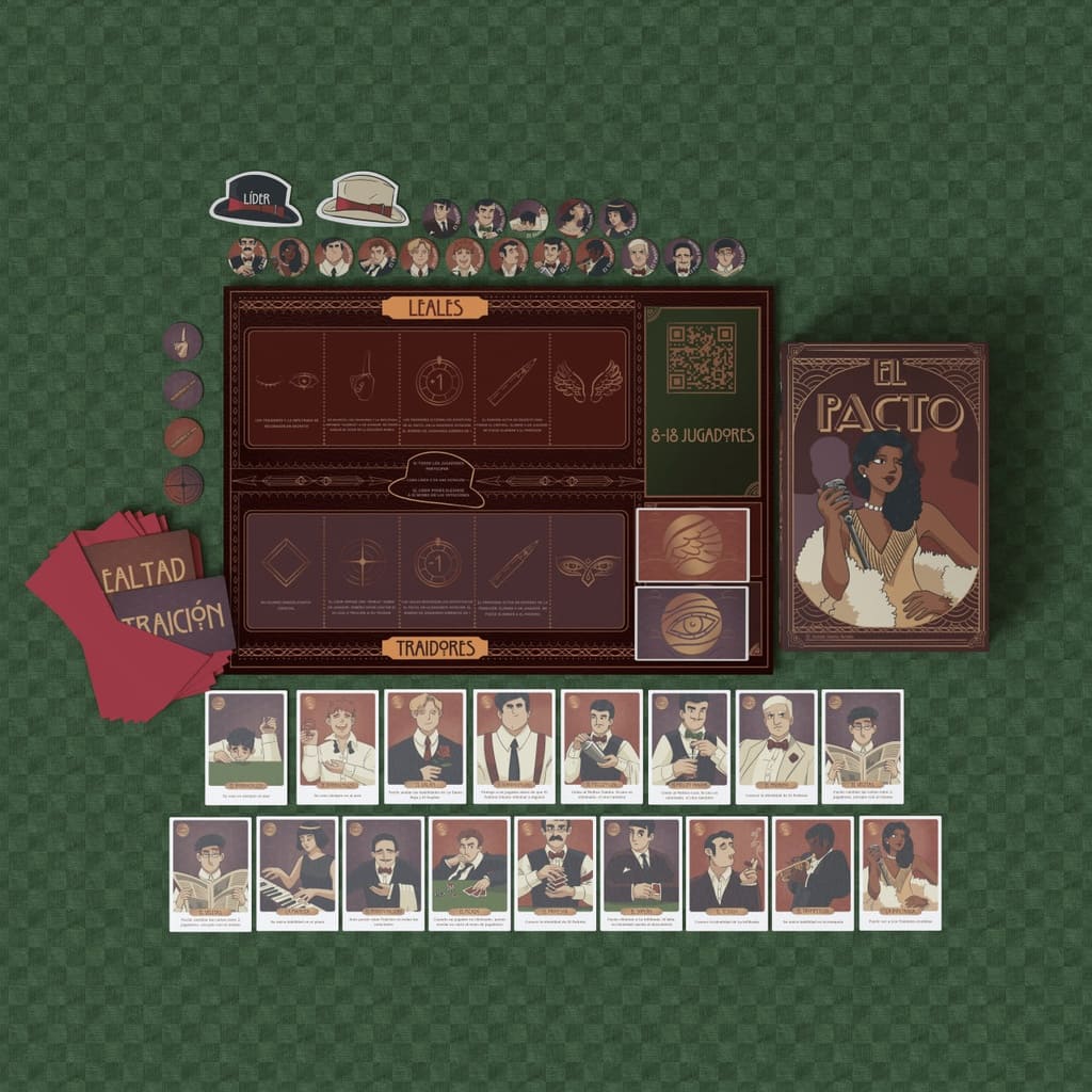 Contenido del juego de mesa El Pacto: tablero, cartas y fichas