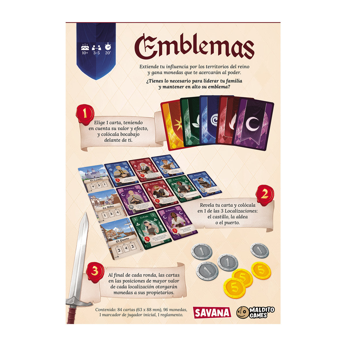 Reglas del juego Emblemas: pasos para colocar cartas en El Castillo, La Aldea y El Puerto