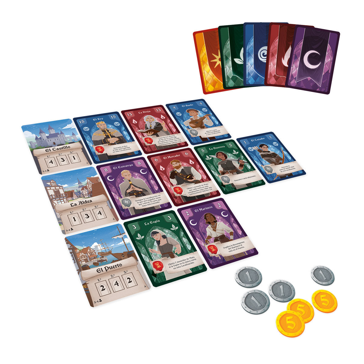 Componentes del juego Emblemas: cartas de personaje, ubicaciones y fichas de oro