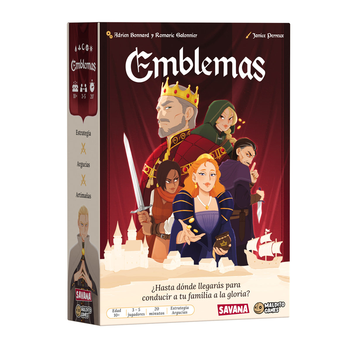 Caja del juego de mesa Emblemas, estrategia y argucias para 3-5 jugadores