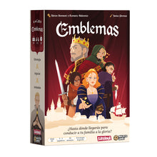 Caja del juego de mesa Emblemas, estrategia y argucias para 3-5 jugadores