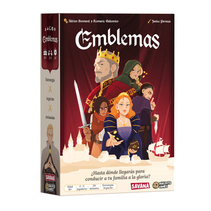 Caja del juego de mesa Emblemas, estrategia y argucias para 3-5 jugadores