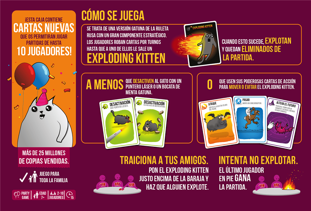 Ilustración explicativa de cómo jugar Exploding Kittens Party Pack para hasta 10 jugadores