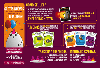 Ilustración explicativa de cómo jugar Exploding Kittens Party Pack para hasta 10 jugadores