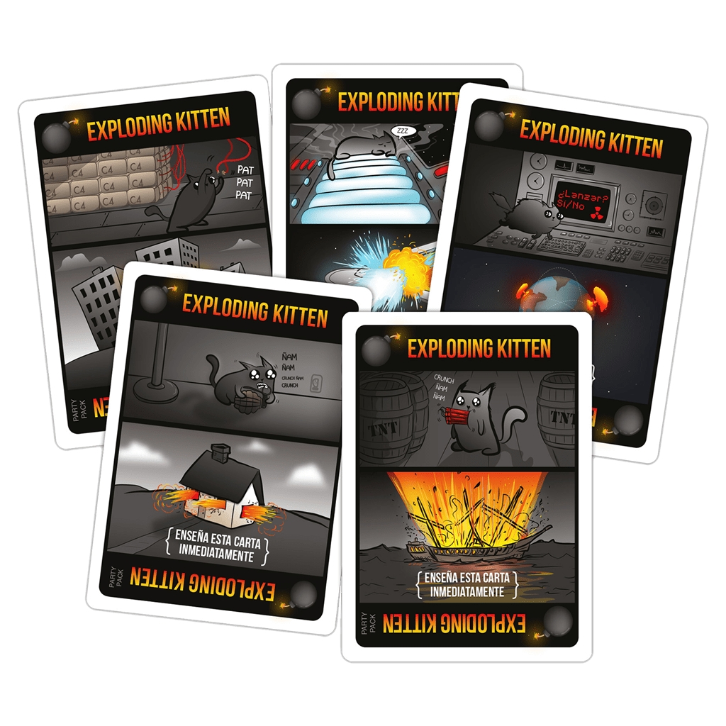 Cartas Exploding Kittens Party Pack con ilustraciones de gatos y bombas en tonos grises y naranjas