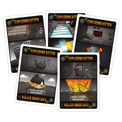 Cartas Exploding Kittens Party Pack con ilustraciones de gatos y bombas en tonos grises y naranjas