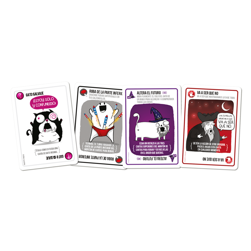 Cartas de acción del juego Exploding Kittens Party Pack con textos como Gato Salvaje y Altera el Futuro
