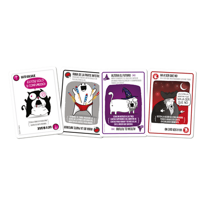 Cartas de acción del juego Exploding Kittens Party Pack con textos como Gato Salvaje y Altera el Futuro