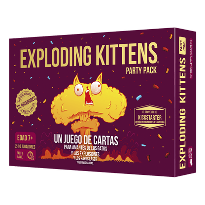 Caja del juego Exploding Kittens Party Pack con nube nuclear y texto para grupos grandes