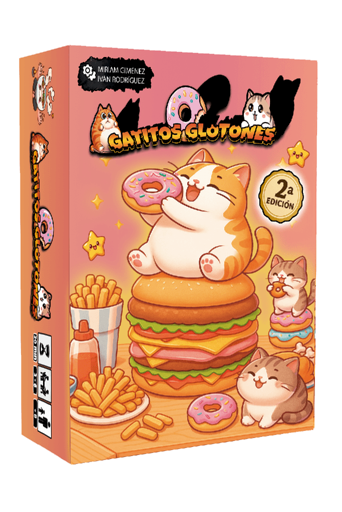 Caja edición 2ª del juego de mesa Gatitos Glotones con gato comiendo hamburguesa