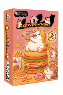 Caja edición 2ª del juego de mesa Gatitos Glotones con gato comiendo hamburguesa
