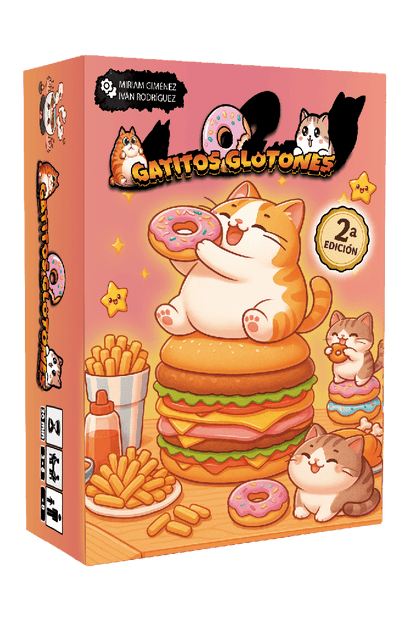 Caja edición 2ª del juego de mesa Gatitos Glotones con gato comiendo hamburguesa
