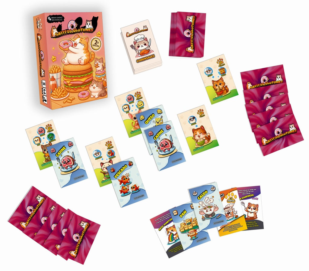 Juego de cartas Gatitos Glotones con cartas de ingredientes y sabotaje sobre fondo blanco