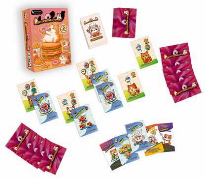 Juego de cartas Gatitos Glotones con cartas de ingredientes y sabotaje sobre fondo blanco