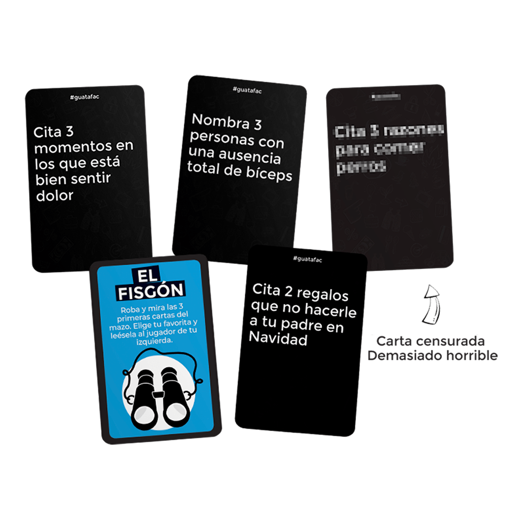 Cartas negras con preguntas absurdas del juego de humor negro Guatafac