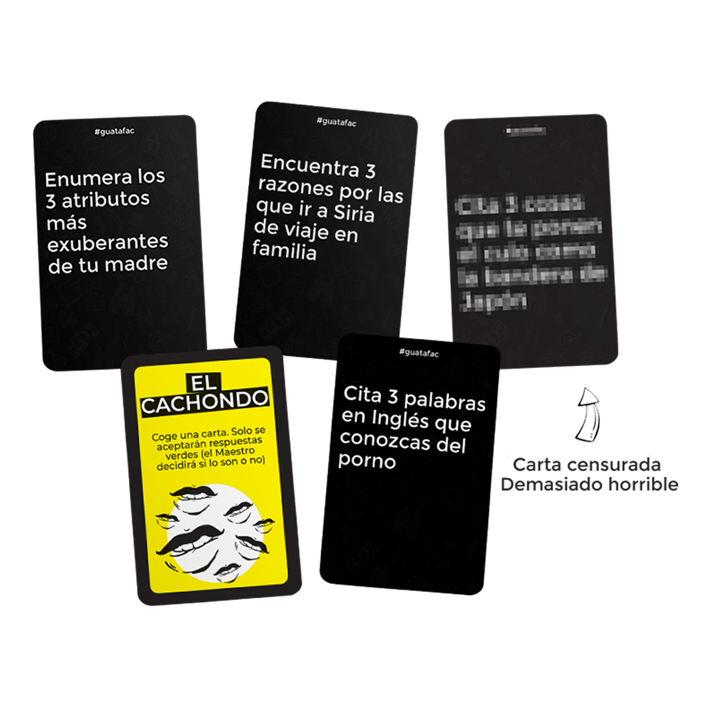 Tarjetas de preguntas irreverentes del juego de fiesta Guatafac con humor negro