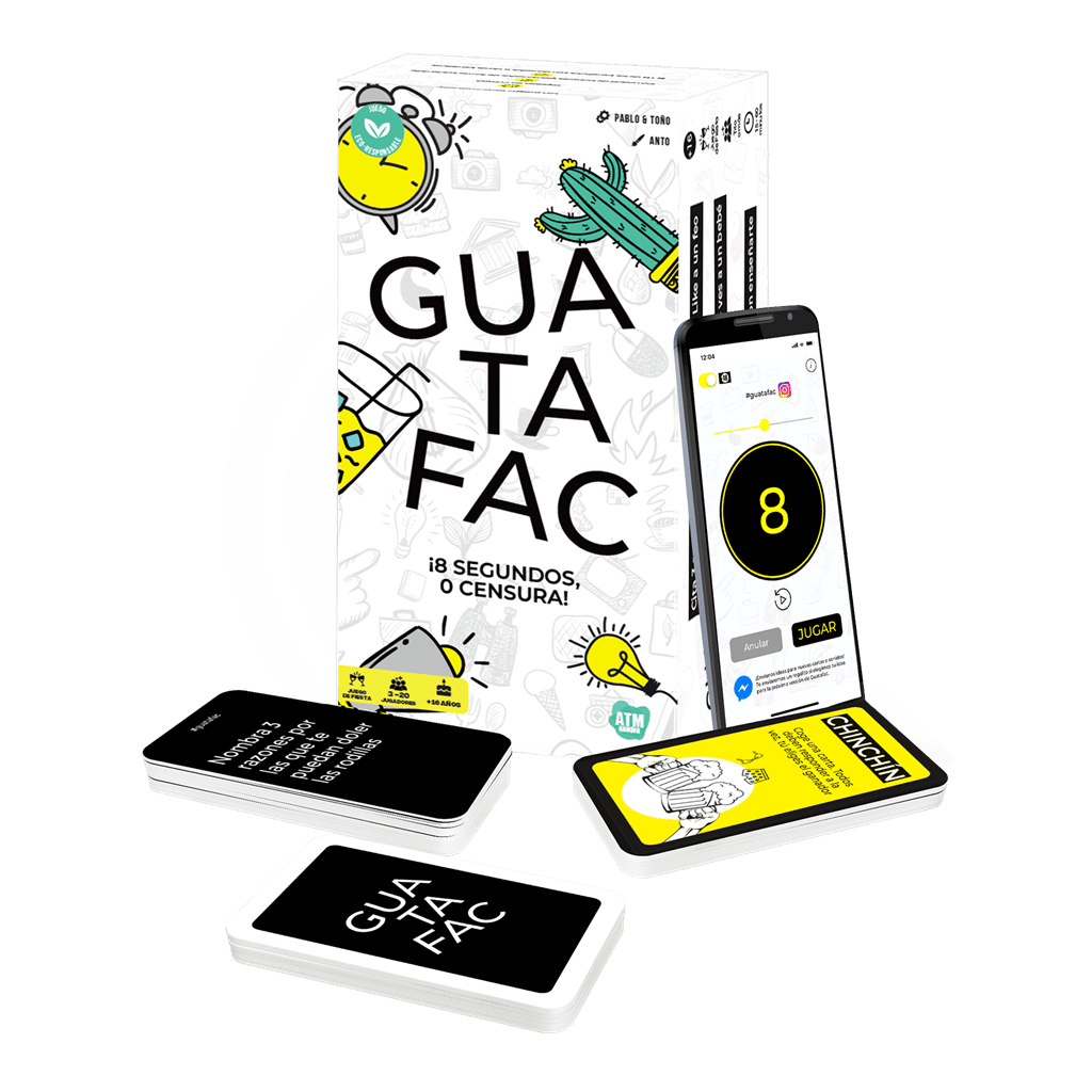 Juego de fiesta Guatafac con caja, cartas especiales y app móvil de cuenta atrás
