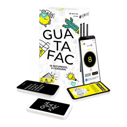 Juego de fiesta Guatafac con caja, cartas especiales y app móvil de cuenta atrás
