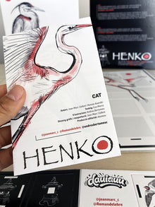 Folleto de instrucciones del juego Henko con ilustración de garza
