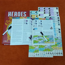 Juego de mesa Héroes abierto con reglas, marcadores y fichas de personajes
