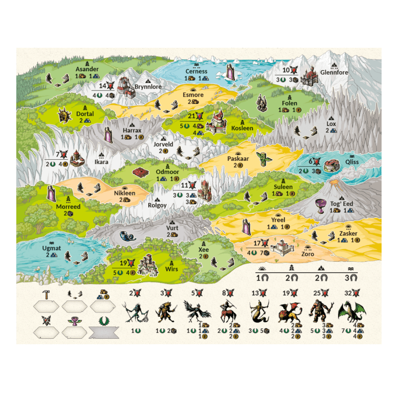 Mapa ilustrado del juego de estrategia Héroes con regiones, castillos y leyenda